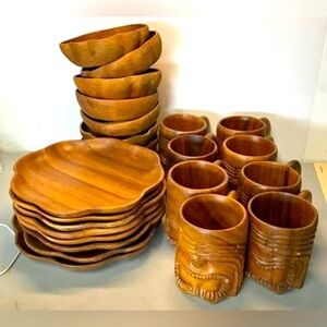 24 pc set 8 - 3pc place setting plate bowl mug homemade wood Tiki MCM Retro